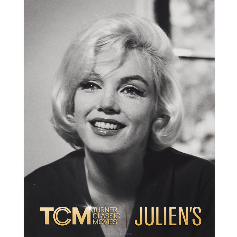 A film strip with three black and white photos of Marilyn Monroe smiling, overlaid with gold "Coming Soon" text.