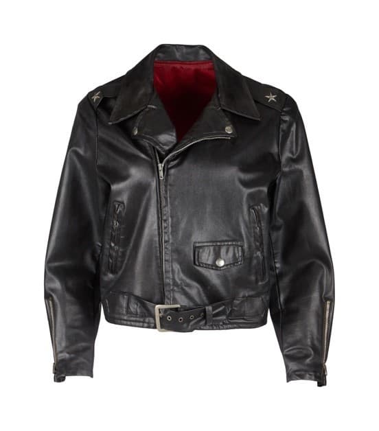 Lot #30. Olivia Newton-John | Iconic Motorcycle Jacket from "Grease" a black leather jacket with silver stars on the sleeves