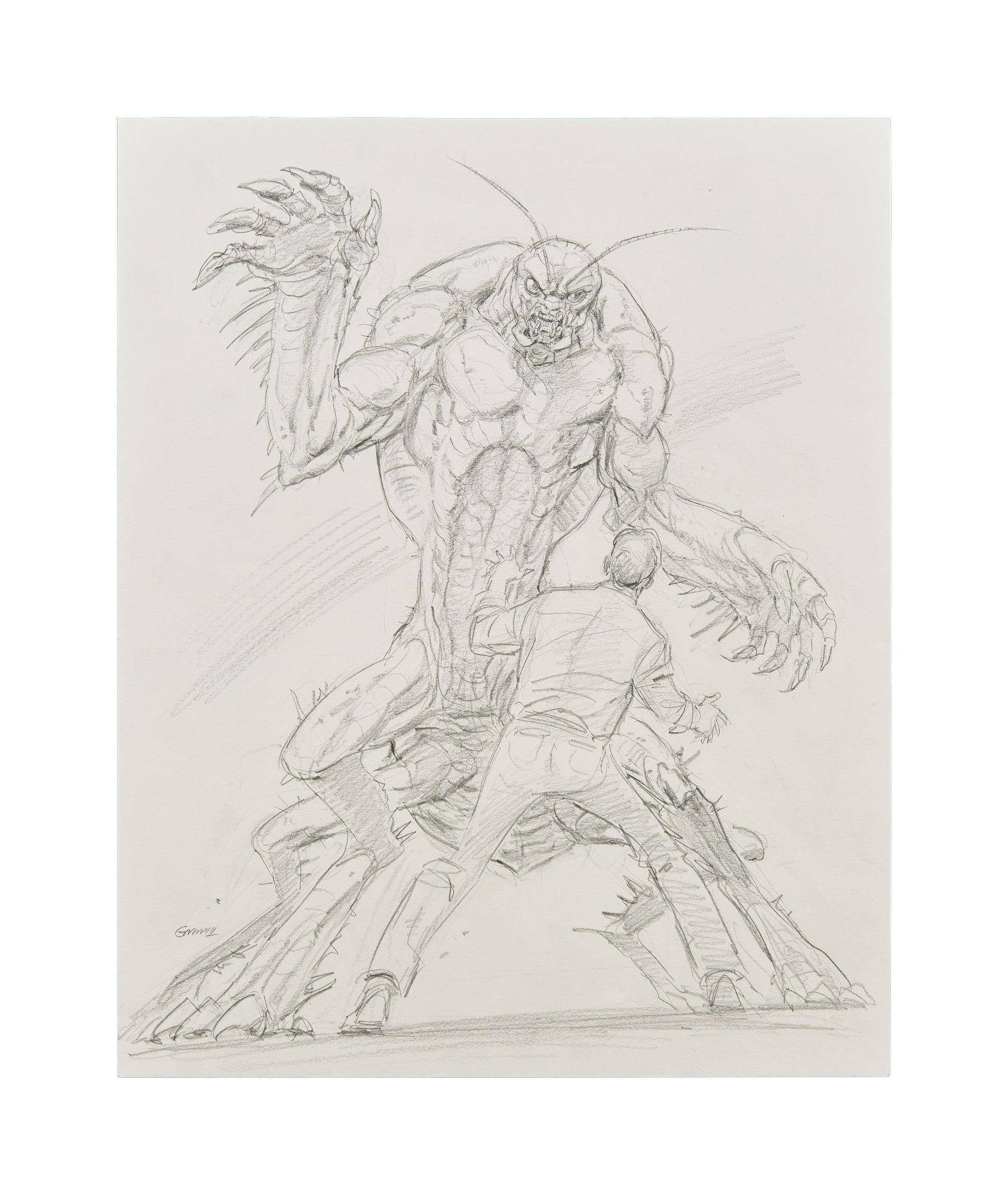 a black and white drawing of a monster attacking a man .