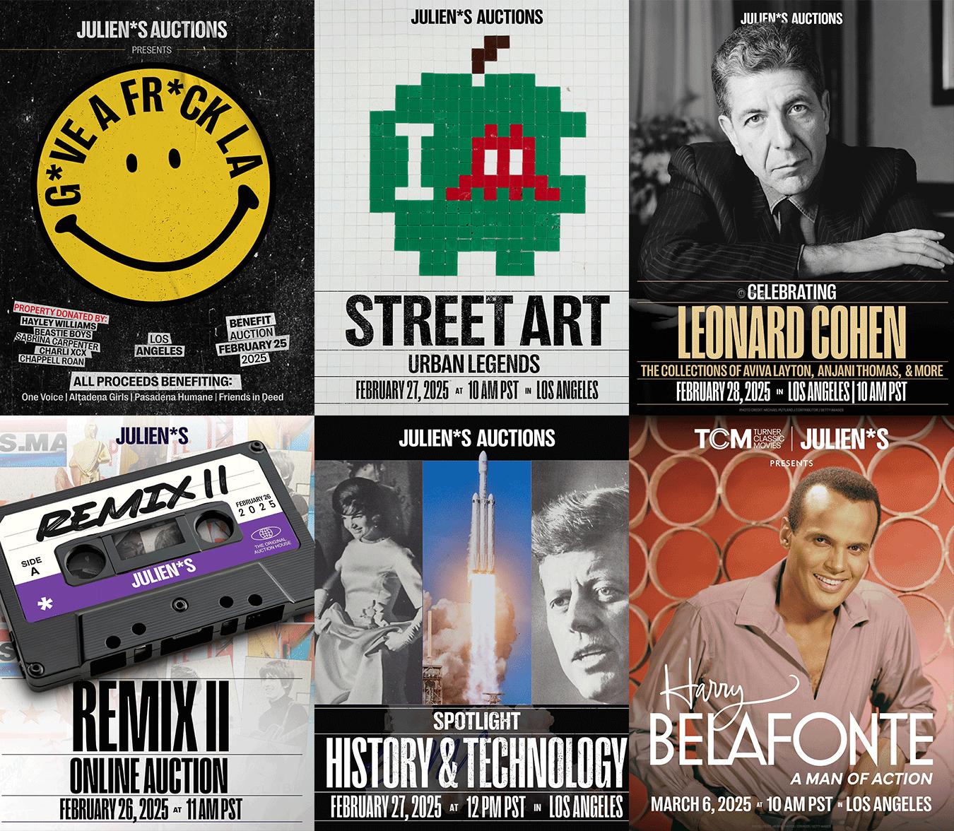 a collage of julien 's auctions advertisements