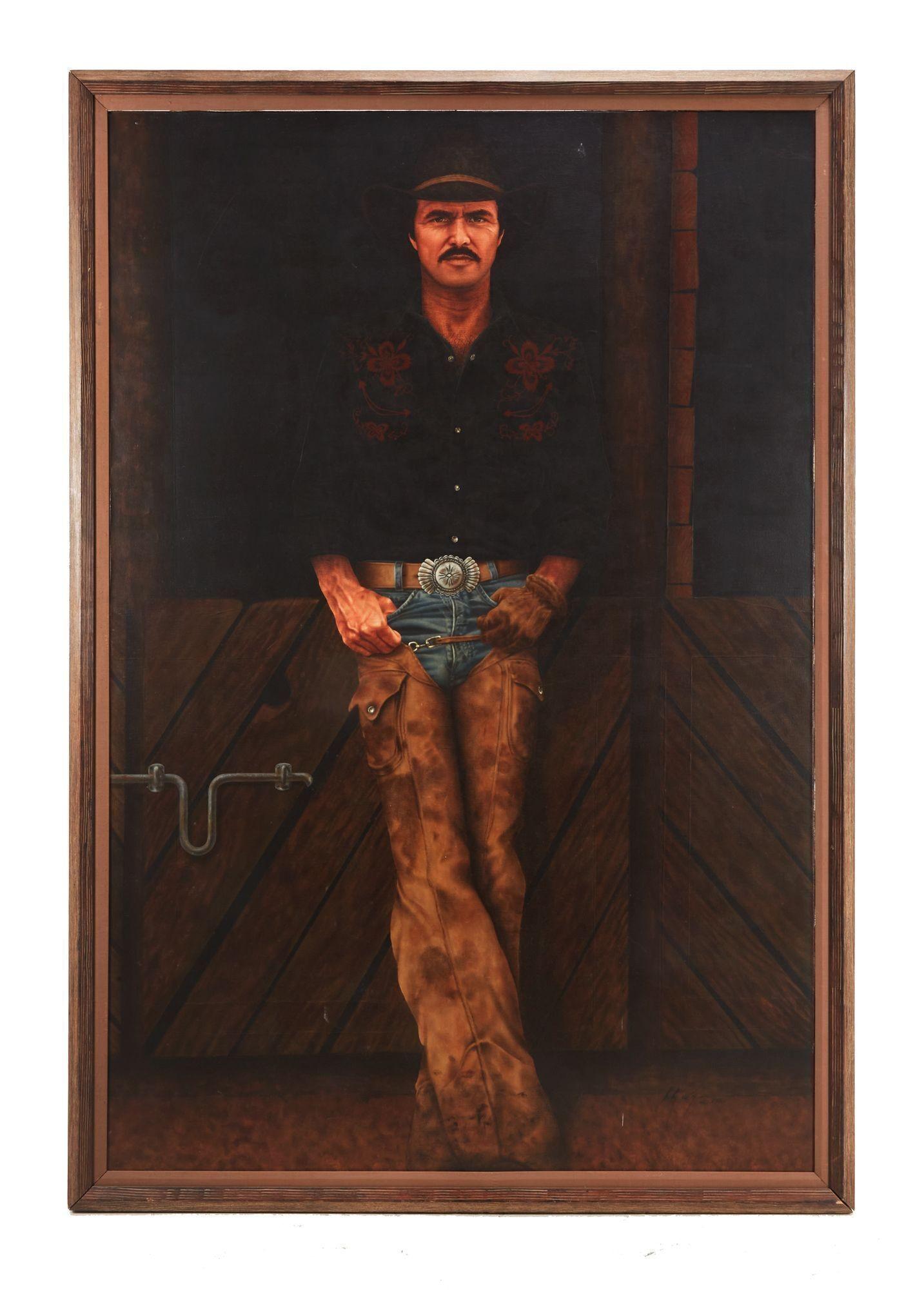 a painting of a cowboy leaning against a wall