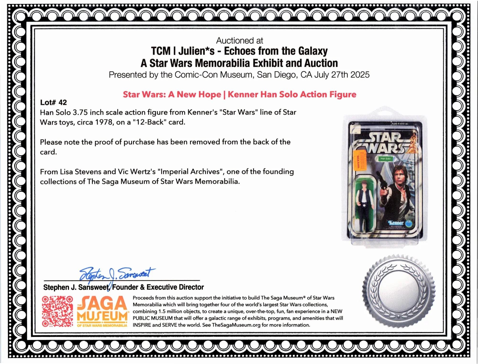 a certificate of authenticity for a star wars kenner card
