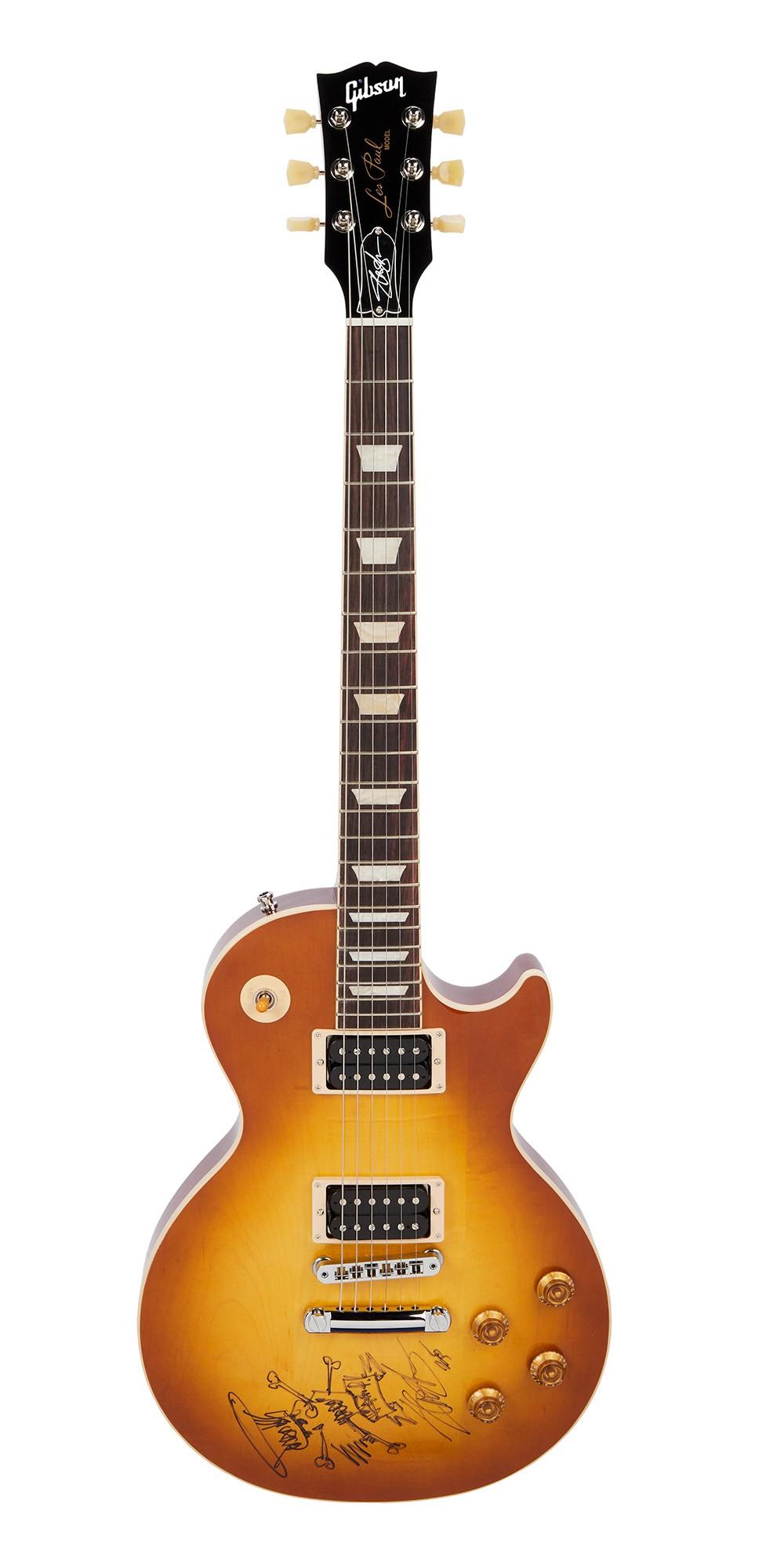 Slash | Signed Gibson "Jessica" Les Paul Standard, Honeyburst Sunburst Gibson Les Paul electric guitar with signatures and a drawing on the body.