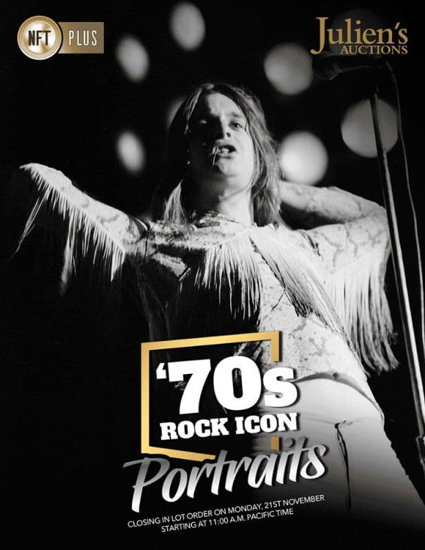 A poster for Julien's Auctions 70s Rock Icon Portraits