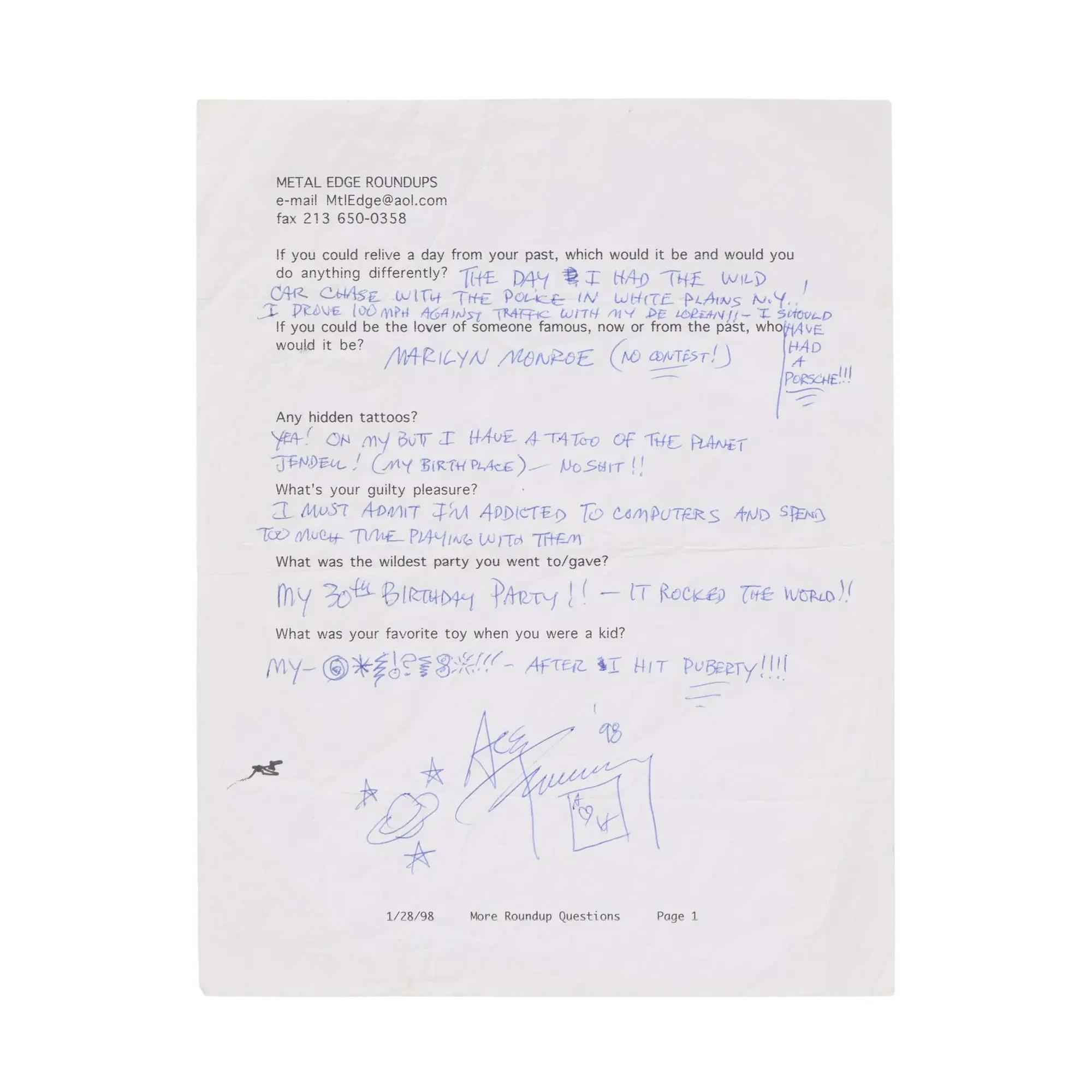 Lot #516. Ace Frehley | 1998 “Metal Edge” Magazine Handwritten Interview Questions Lot #516 Ace Frehley 1998 “Metal Edge” Magazine Handwritten Interview Questions