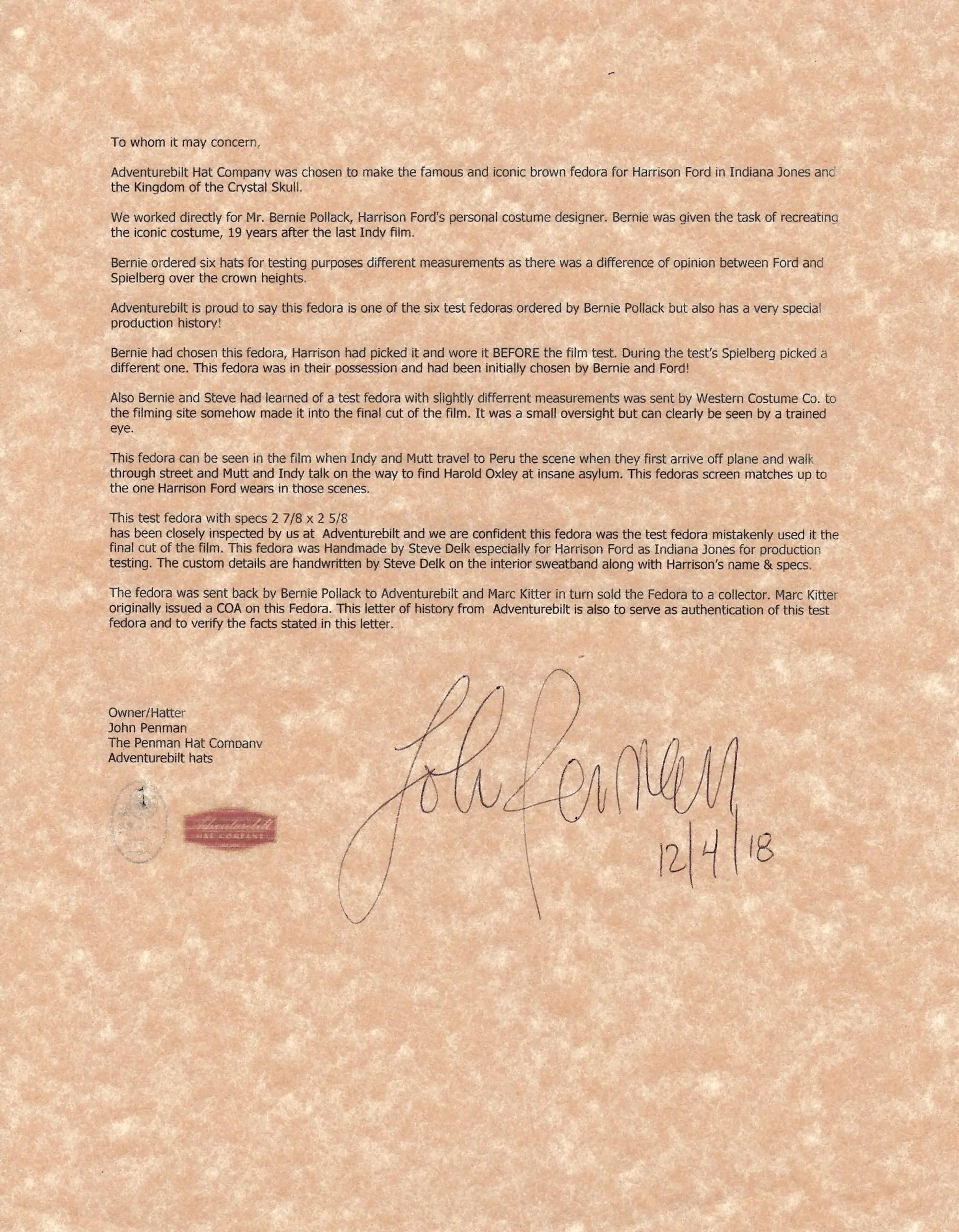 letter of provenance for Harrison Ford fedora from Indiana Jones and the Kingdom of the Crystal Skull
