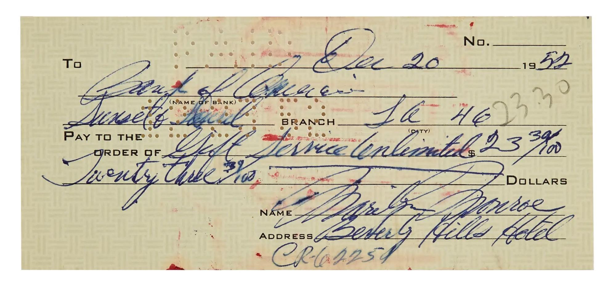 Lot #1. Marilyn Monroe | 1952 Handwritten Check A vintage handwritten check from Bank of America, signed by Marilyn Monroe, dated December 20, 1952, for $23.30 to Gift Service Unlimited.