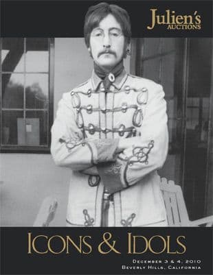 A black and white photo of John Lennon on a poster for Julien's Auctions