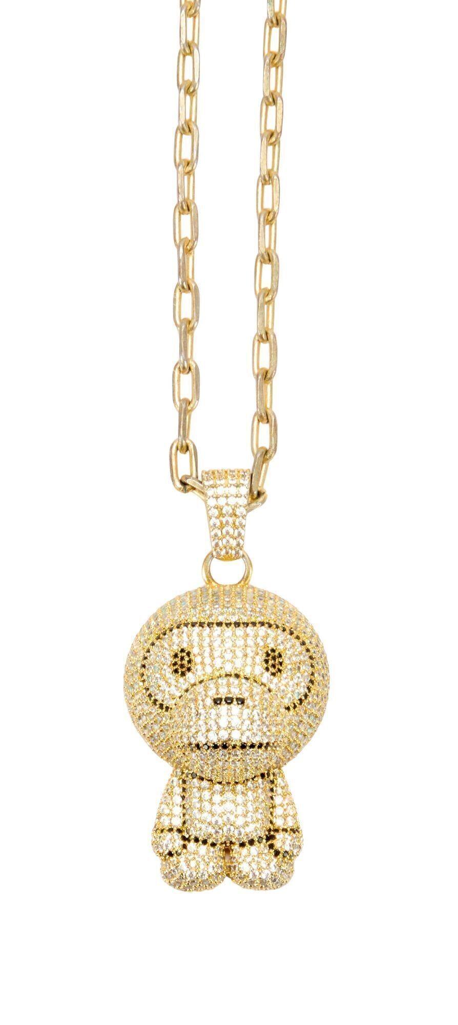 Lot #468. Angus Cloud | Bape Pendant Necklace a gold necklace with a rhinestone monkey pendant on a chain .