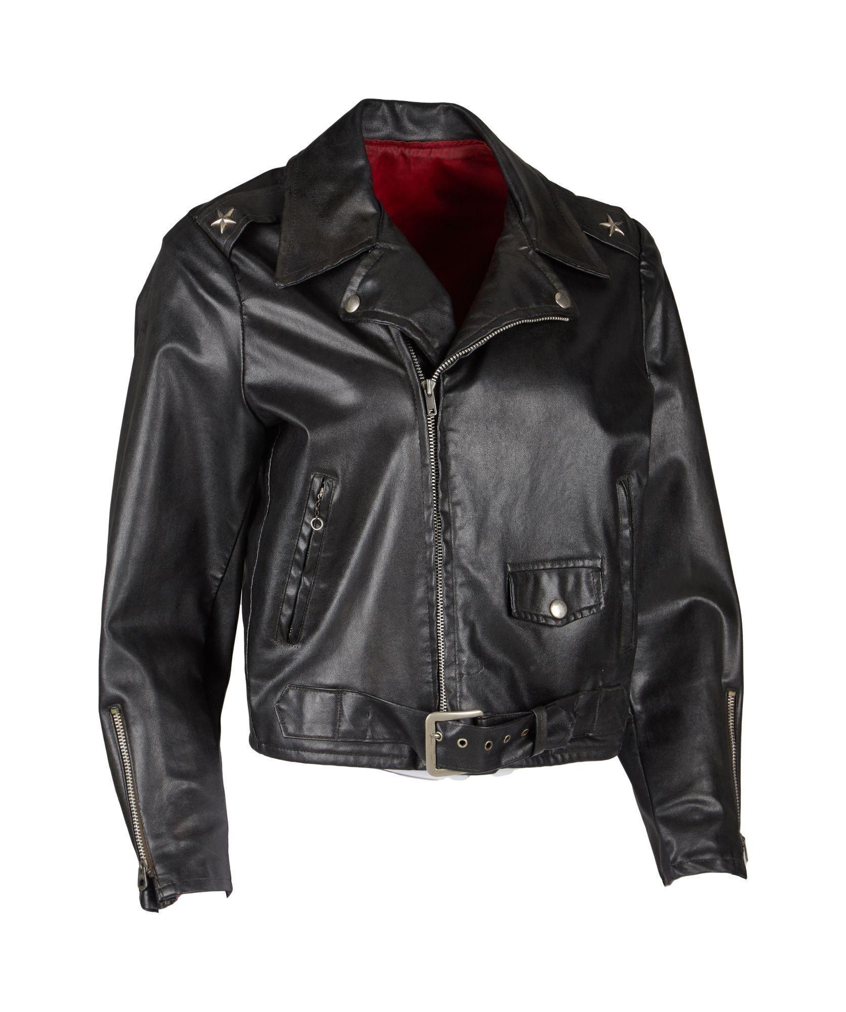 a black leather jacket with gold stars on the sleeves