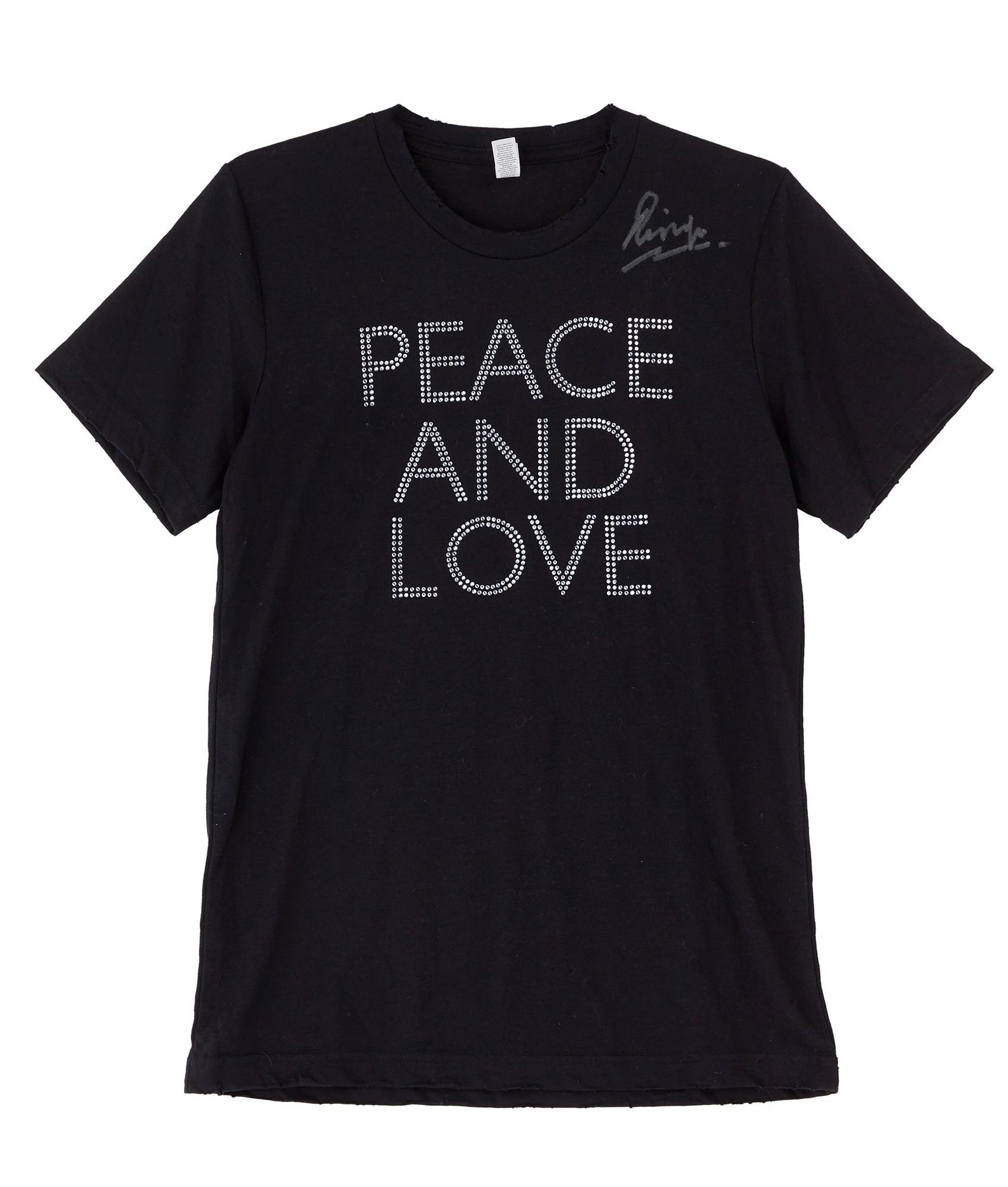 Ringo Starr | Signed T-Shirt Black t-shirt with "PEACE AND LOVE" in sparkly letters and a Ringo signature.