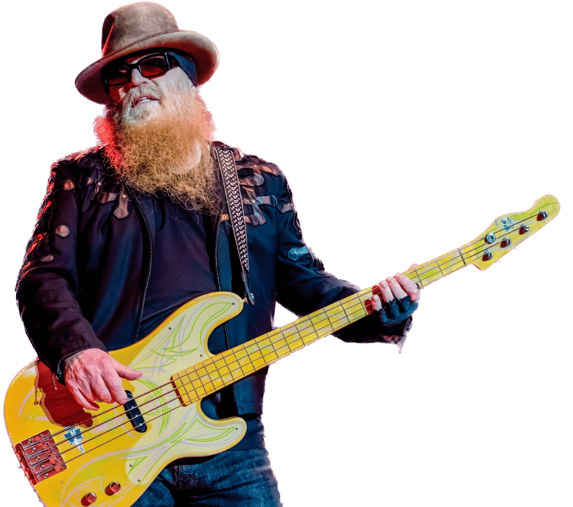 Dusty Hill of ZZ Top playing a yellow bass guitar with green and silver scrolling details