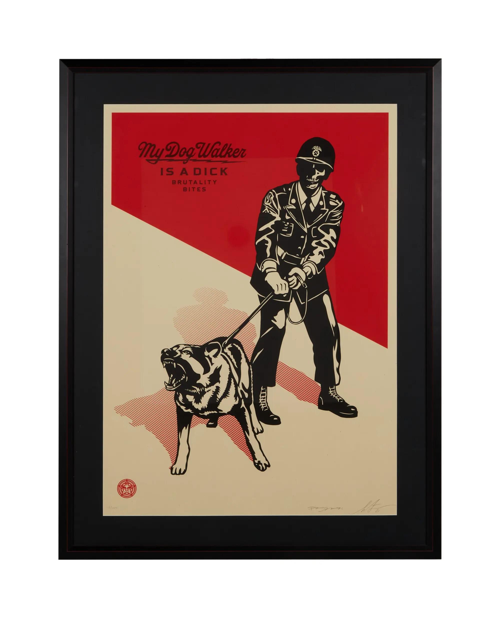 Lot number 24  Shepard Fairey and Francisco Reyes Jr. Signed Sadistic Dog Walker Limited-Edition Print Red