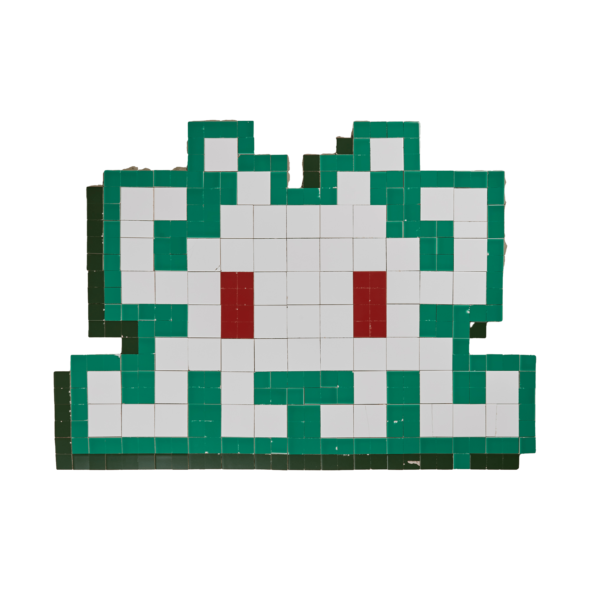 a green and white pixel art of a rabbit with red eyes