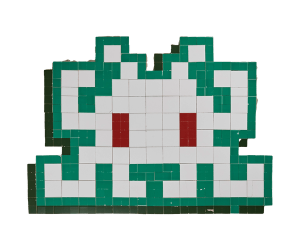 a green and white pixel art of a rabbit with red eyes