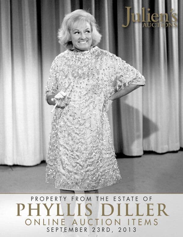 A poster for Julien's Auctions with Phyllis Diller