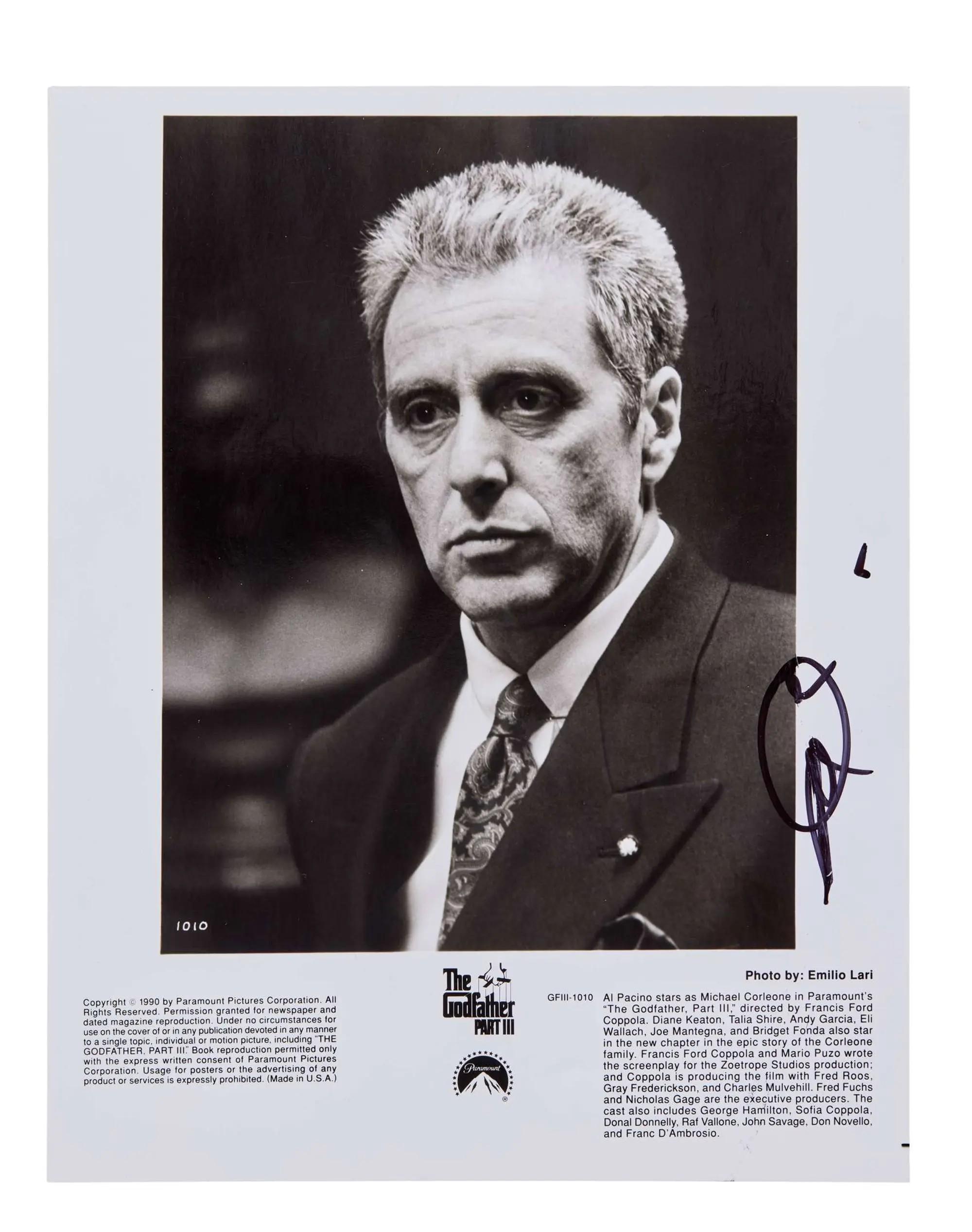 Lot #165  Al Pacino Signed “The Godfather Part III” Publicity Still