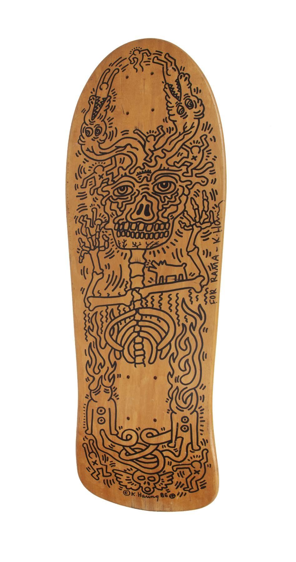 KEITH HARING SIGNED 1986 TRIBAL MAN SKATEBOARD DECK