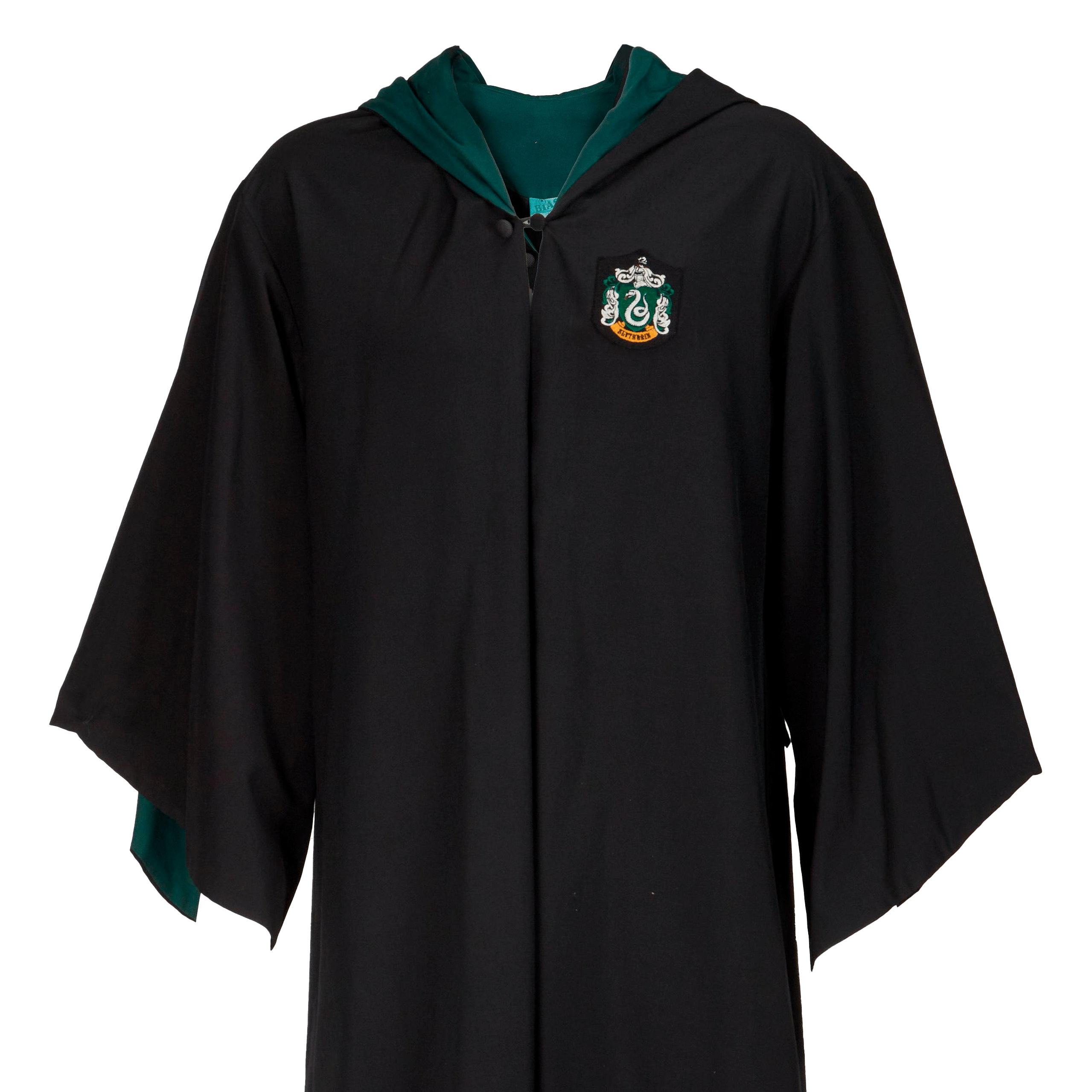 a black cape with a green hood and a slytherin crest on it