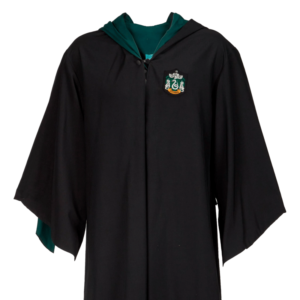 a black cape with a green hood and a slytherin crest on it