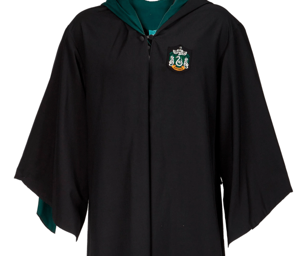 a black cape with a green hood and a slytherin crest on it