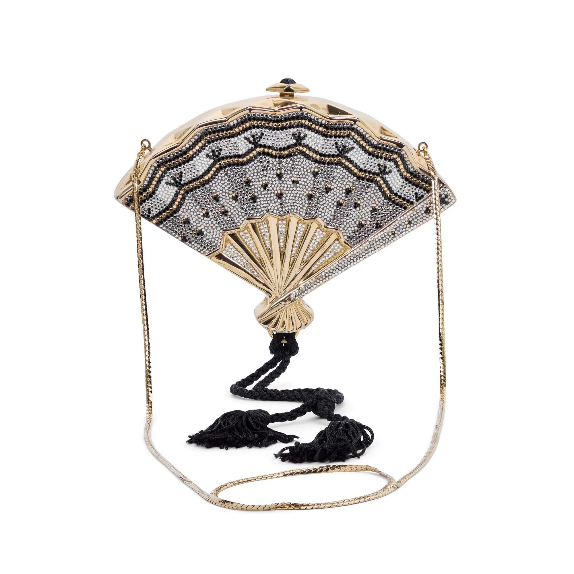 Lot #226  Loni Anderson Judith Leiber Grey, Black and Clear Rhinestone Fan Minaudiere