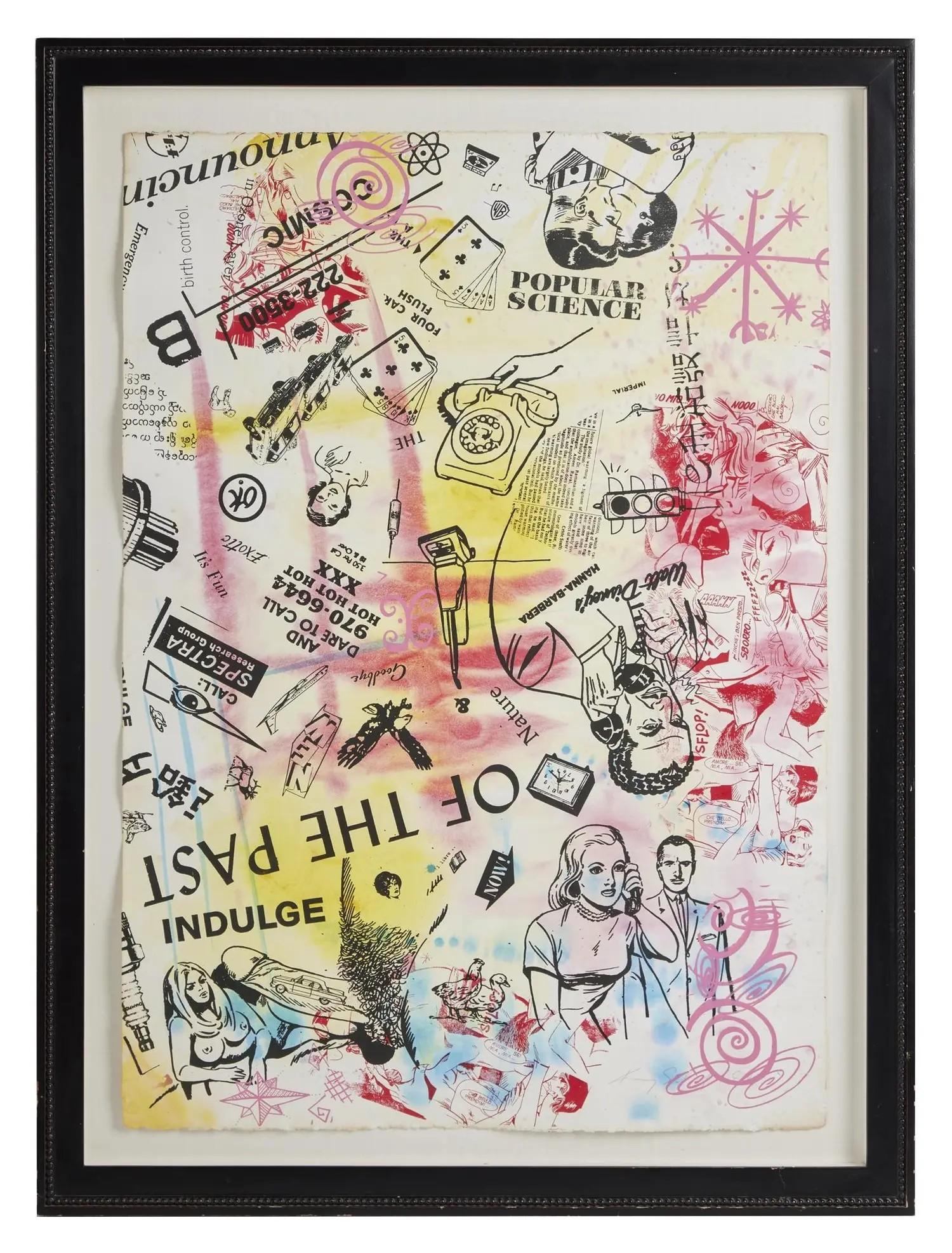 Lot #32. Kenny Scharf | "Indulge" Signed Original Hand-Embellished Artwork A framed pop art collage, packed with vintage comic book illustrations, advertising text, abstract symbols, and washes of yellow, pink, and blue.