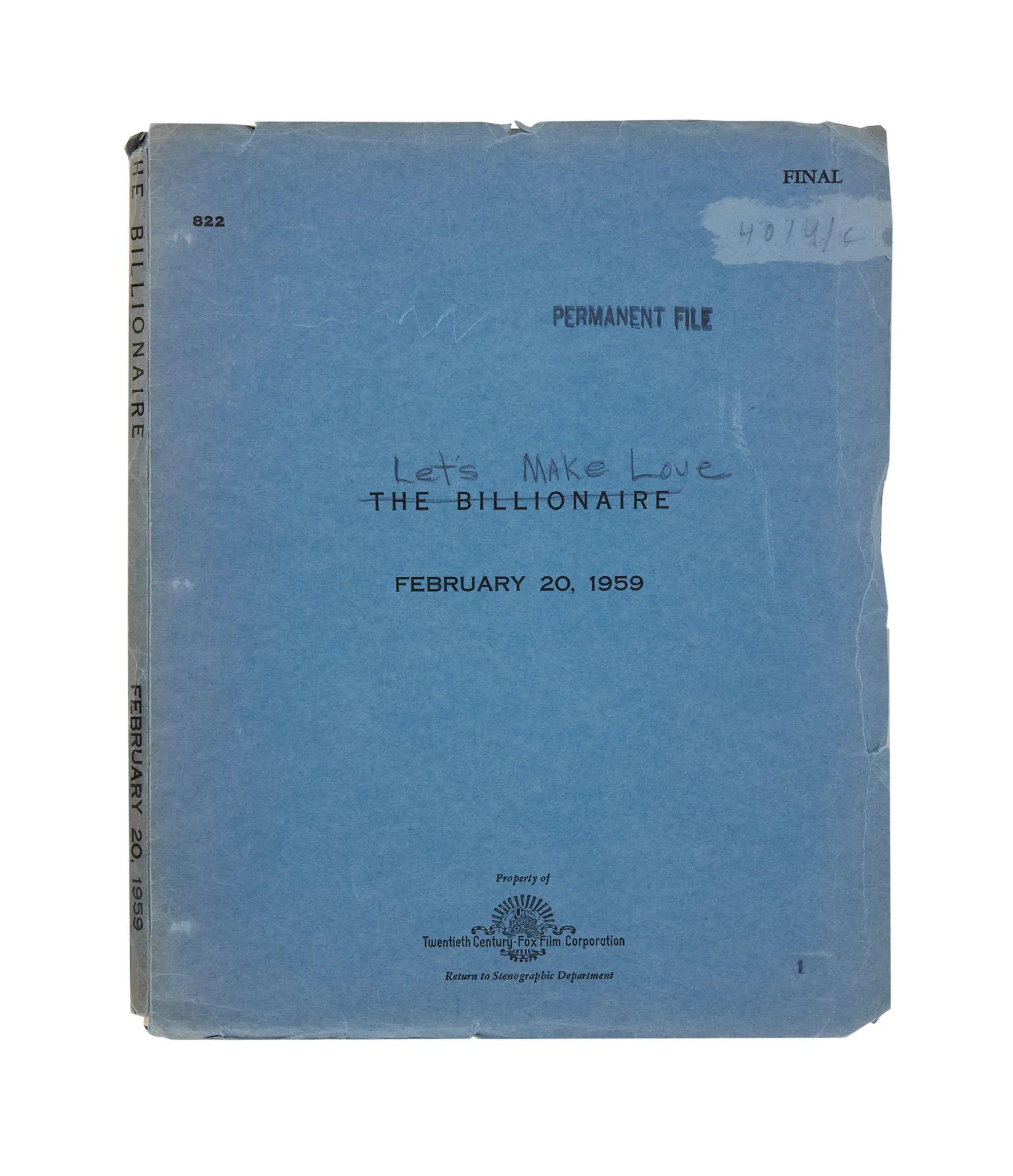 Lot #26. Marilyn Monroe-Related | 1959 'File Copy' Script from "Let's Make Love" Worn light blue script cover for the 1959 film "Let's Make Love" (The Billionaire) from Twentieth Century Fox.
