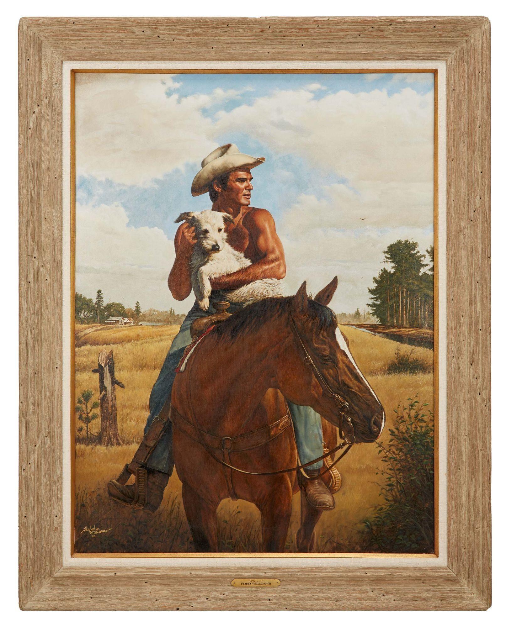a painting of a man riding a horse holding a dog