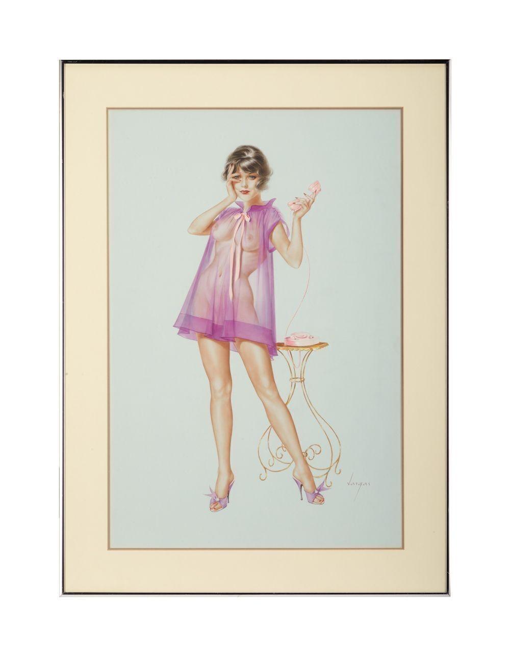a painting of a woman in a purple dress talking on a phone