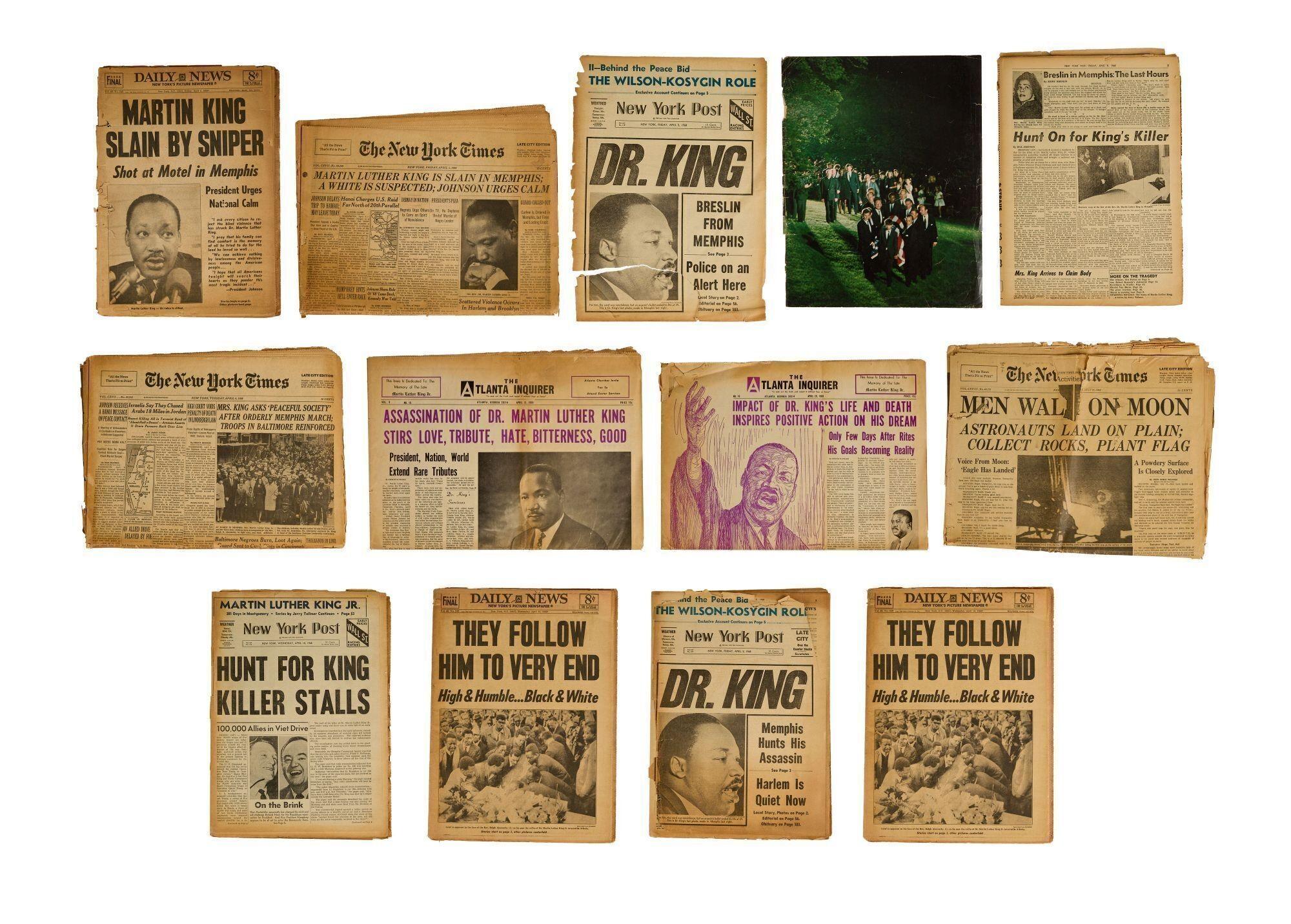 Lot #53. Harry Belafonte | Newspapers from MLK Assassination and Commemorative Book a collection of newspaper articles about martin luther king
