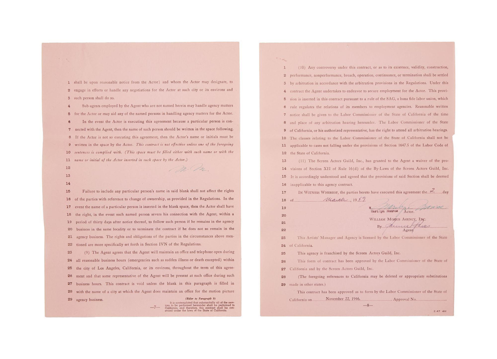 Lot #4. Marilyn Monroe | 1949 Signed Contract with the William Morris Agency, Inc.