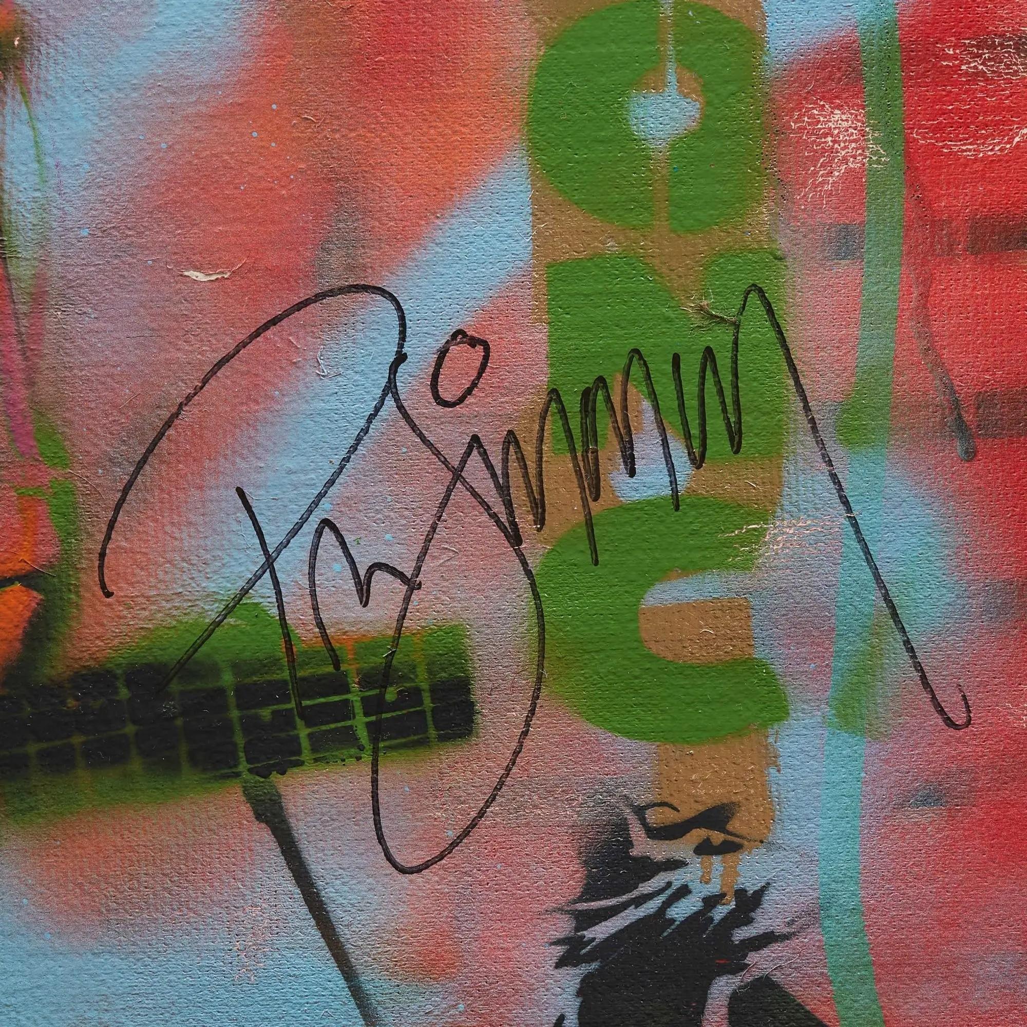 Black signature "Timmon" on a colorful, textured graffiti-style background with abstract shapes and stenciled letters.