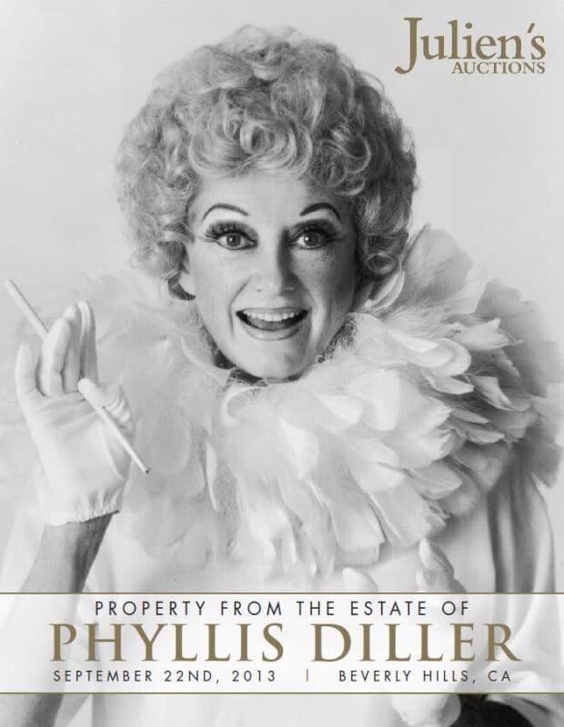 A poster for Julien's Auctions with a picture of Phyllis Diller