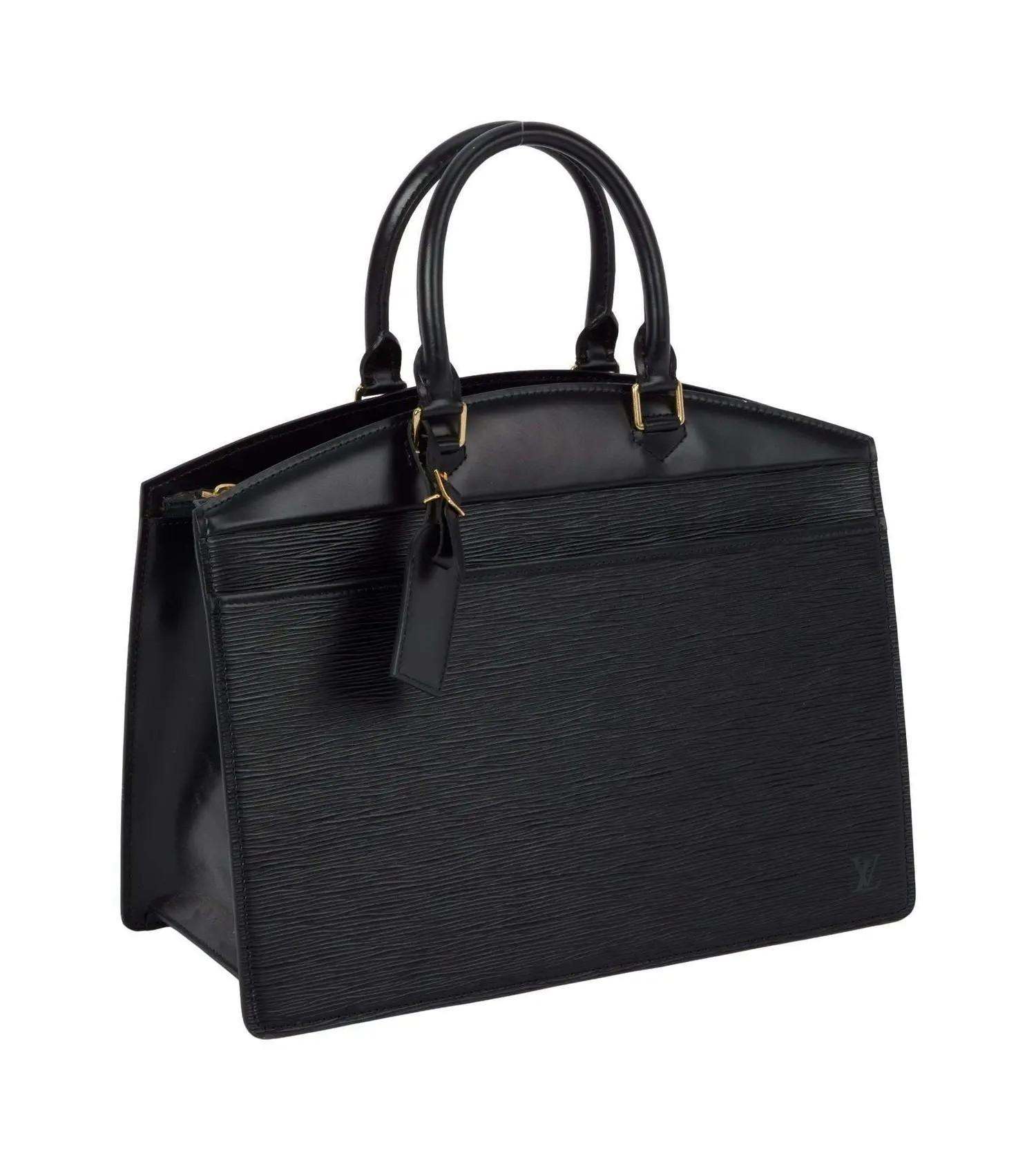 Black Louis Vuitton Epi leather handbag with top handles.