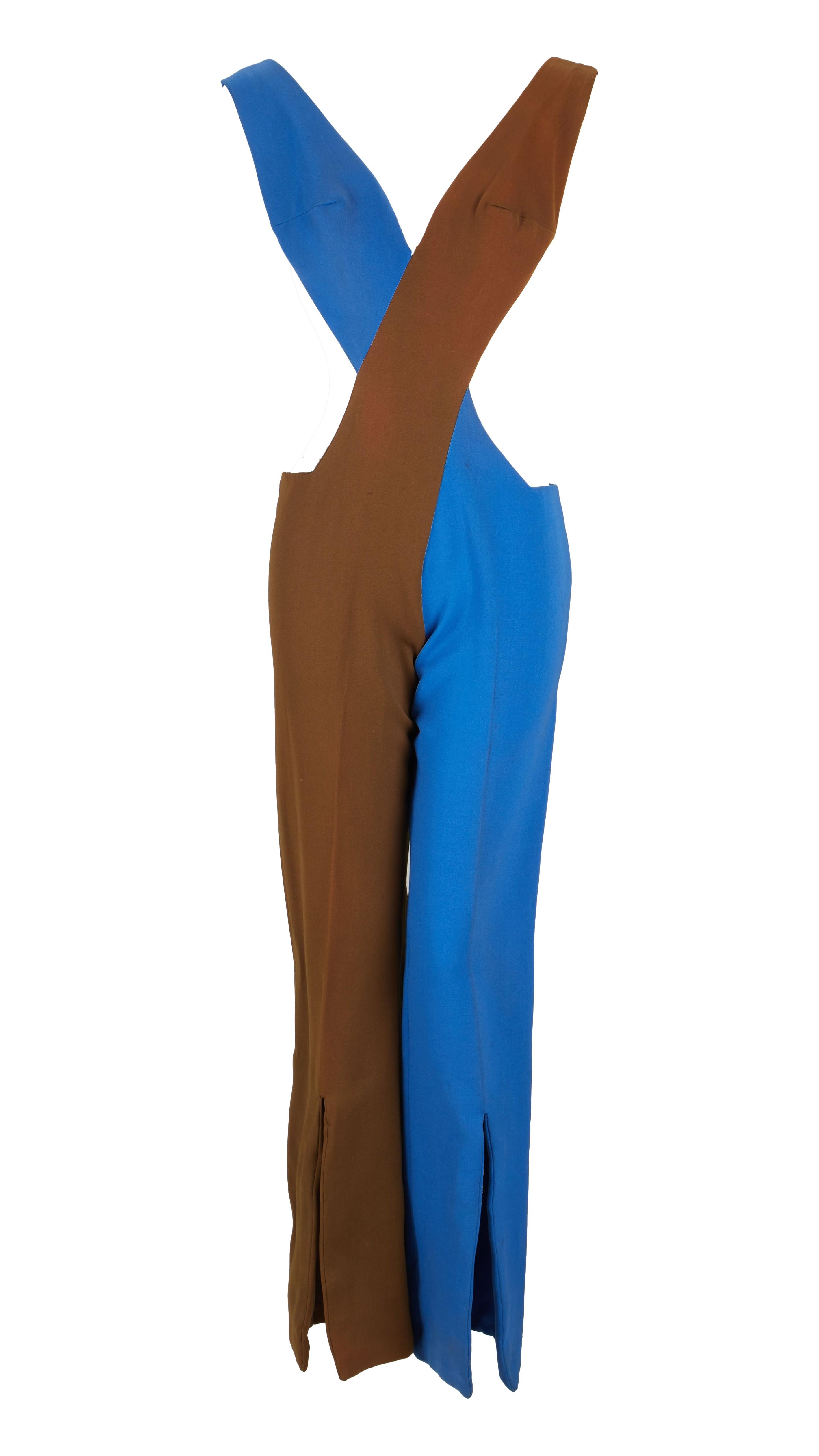 a blue and brown dress with a crossed neckline