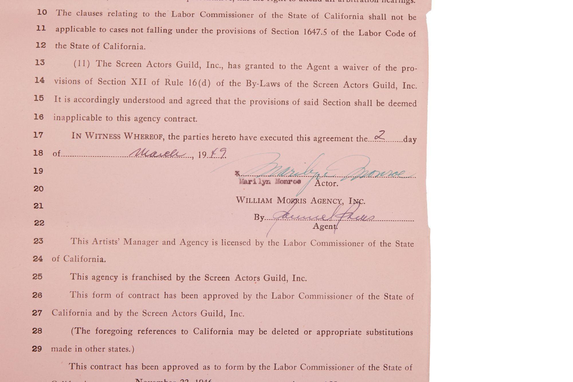 Lot #4. Marilyn Monroe | 1949 Signed Contract with the William Morris Agency, Inc.
