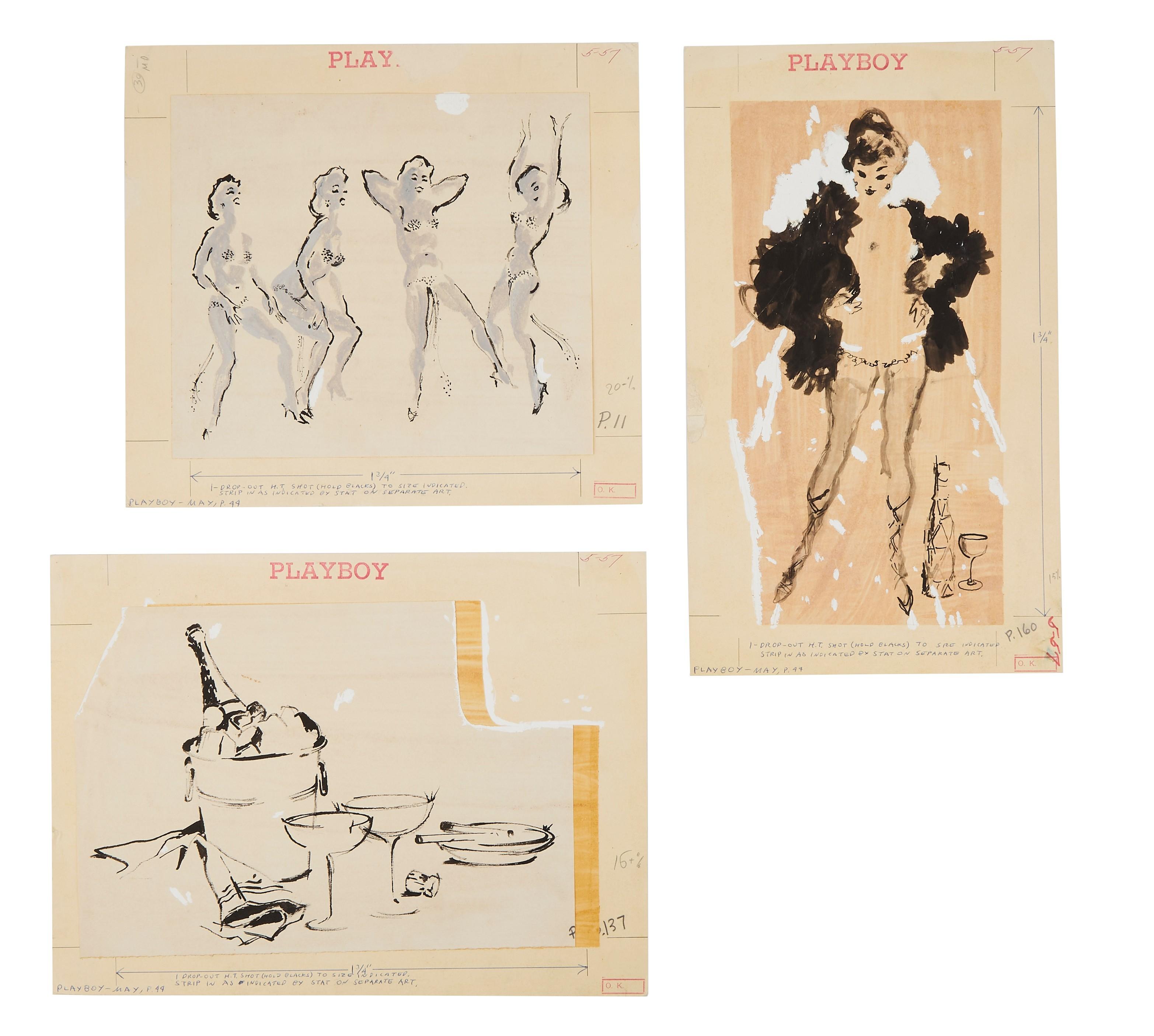 three separate drawings of pinup women