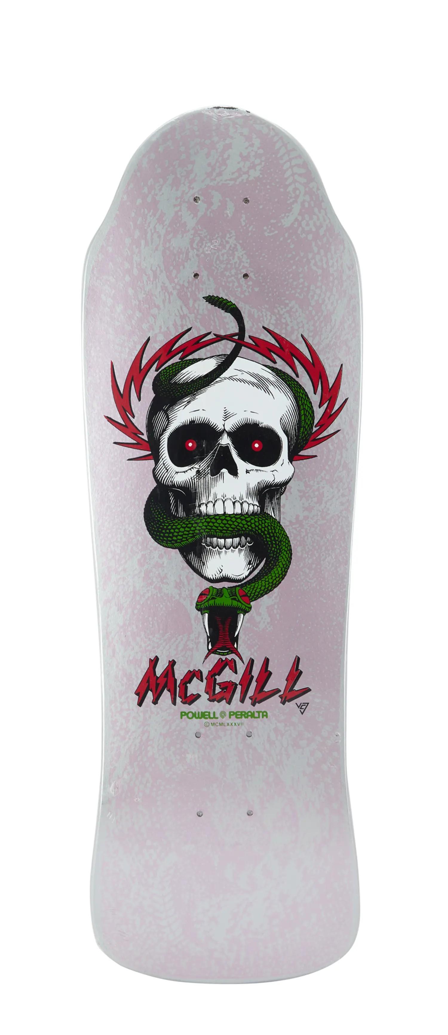 Lot #50. Powell-Peralta | Mike McGill "Skull and Snake" NOS Skateboard Deck Pink Powell-Peralta McGill skateboard deck with a skull, green snake, and red lightning graphic.