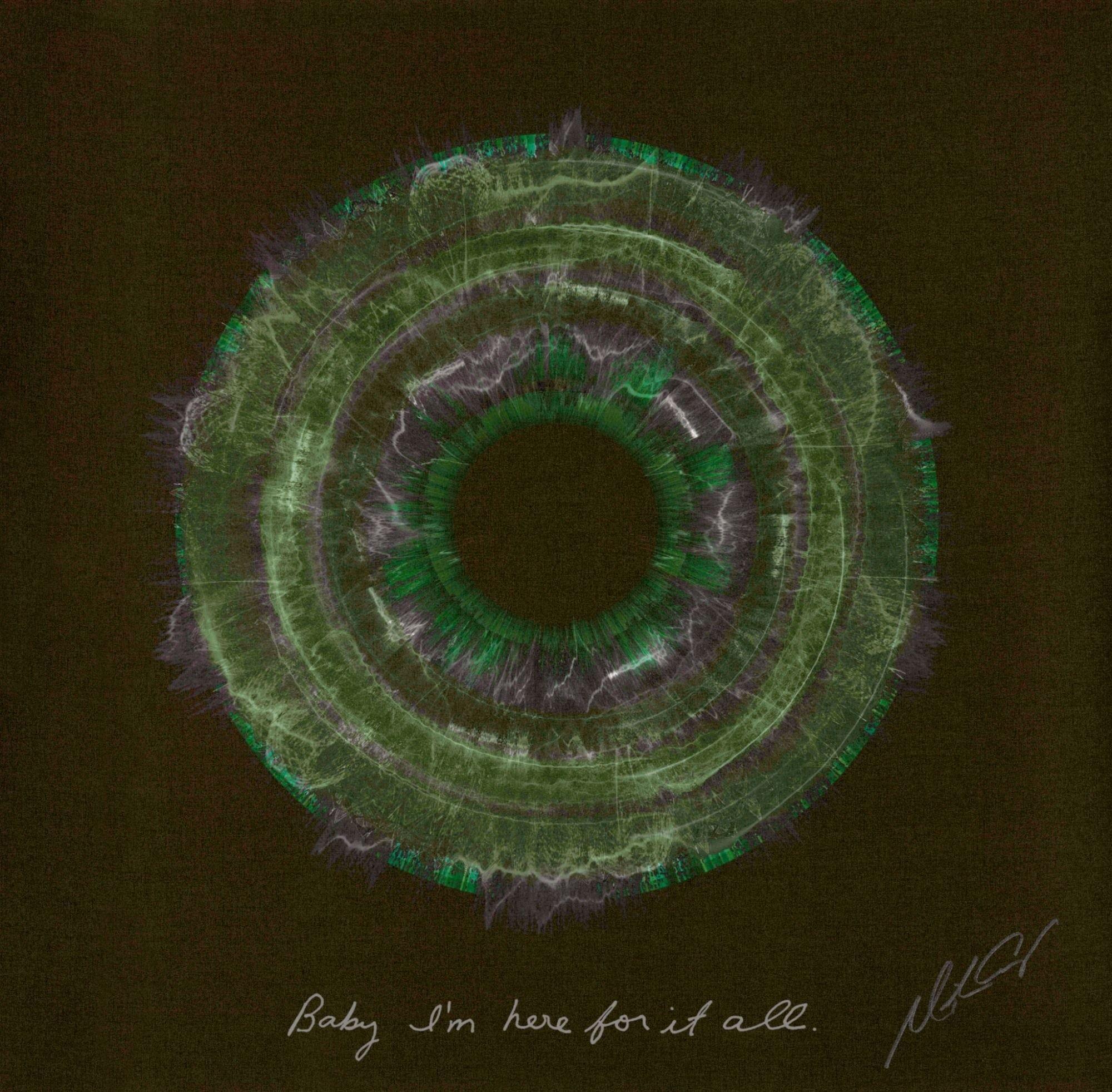 Mariah Carey | Signed "Here For it All" Soundwave Artwork A circular, layered green and white abstract pattern on a dark background, with the handwritten text "Baby, I'm here for it all." and a signature below.