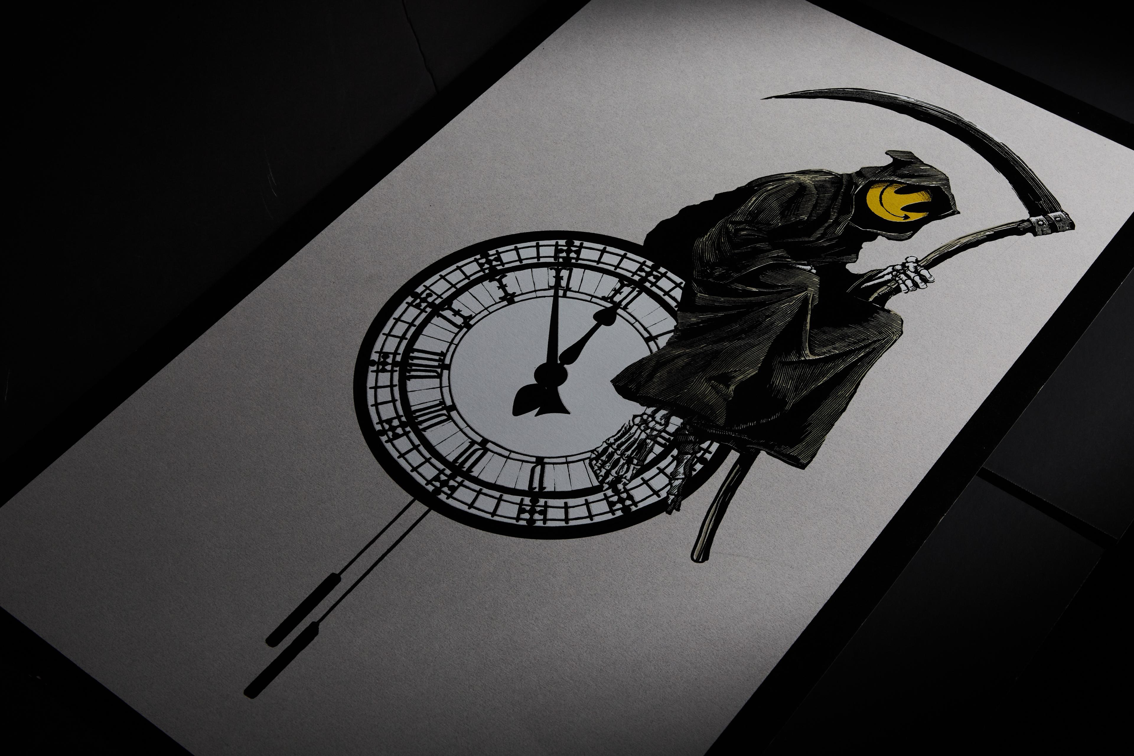 a grim reaper is sitting on top of a clock with a scythe .