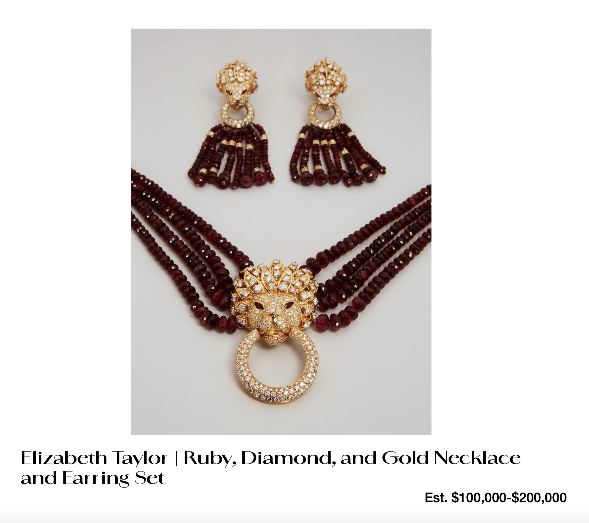 elizabeth taylor ruby diamond and gold necklace and earring set