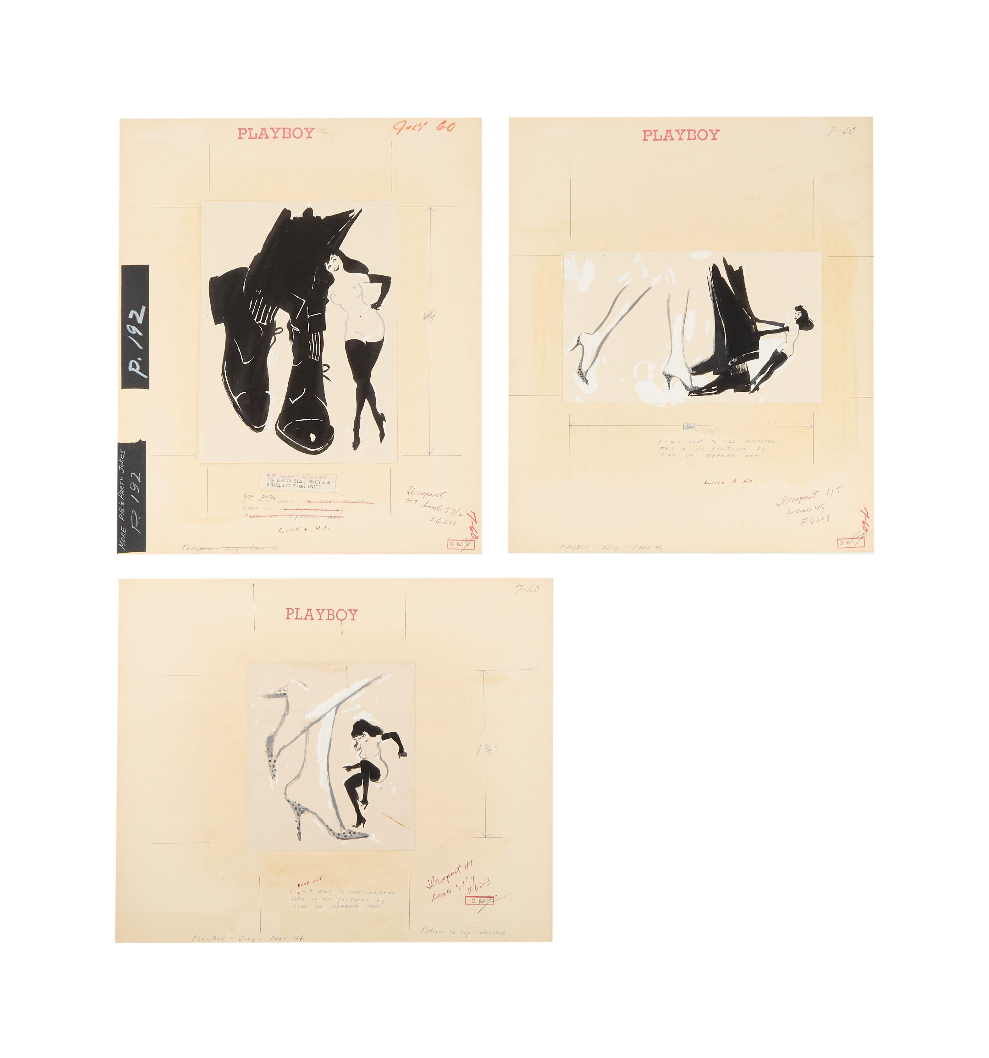 a set of three black and white drawings of shoes for playboy magazine .