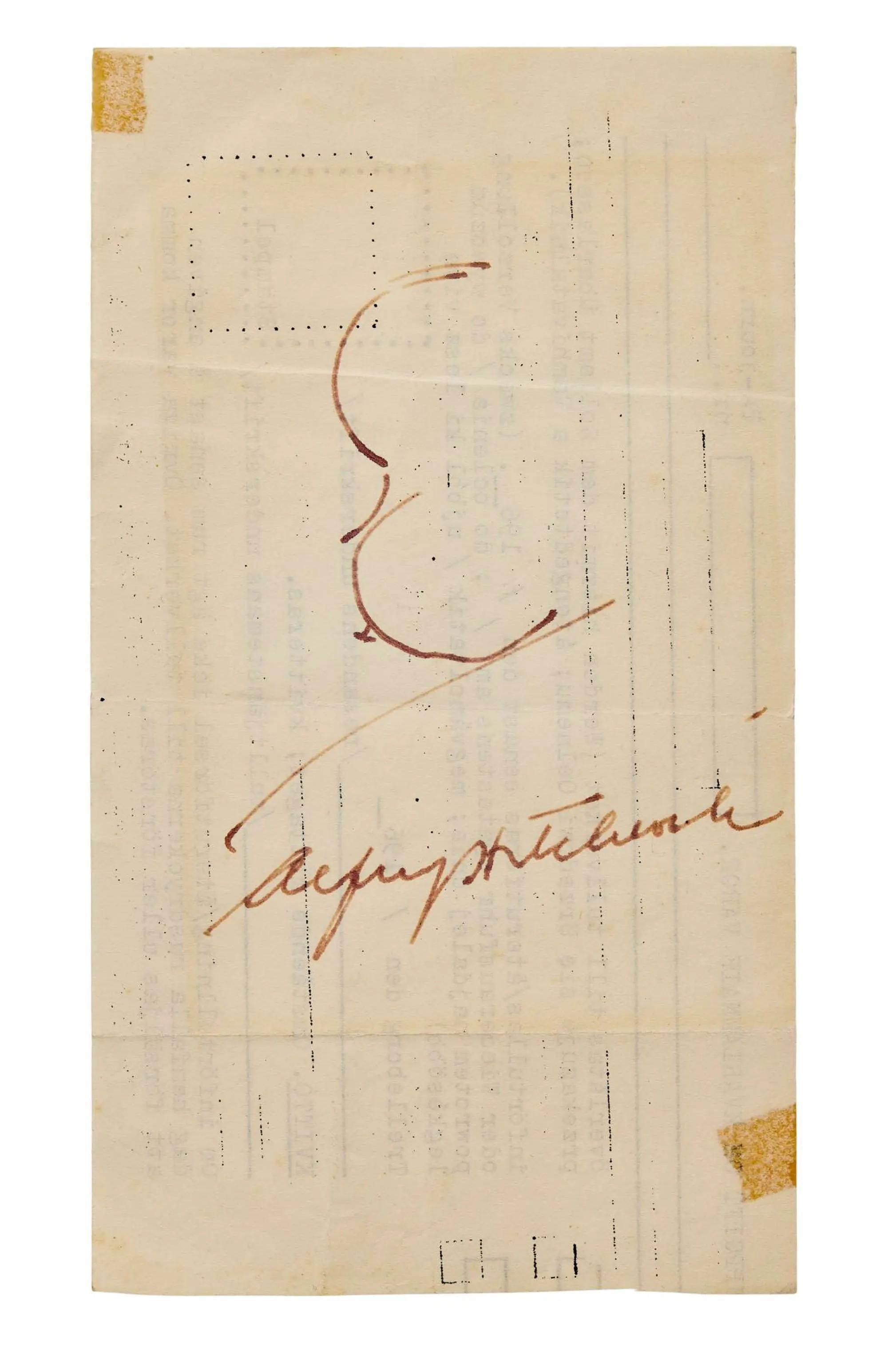 Lot #159  Alfred Hitchcock 1965 Signed Self-Portrait Related to “Torn Curtain”