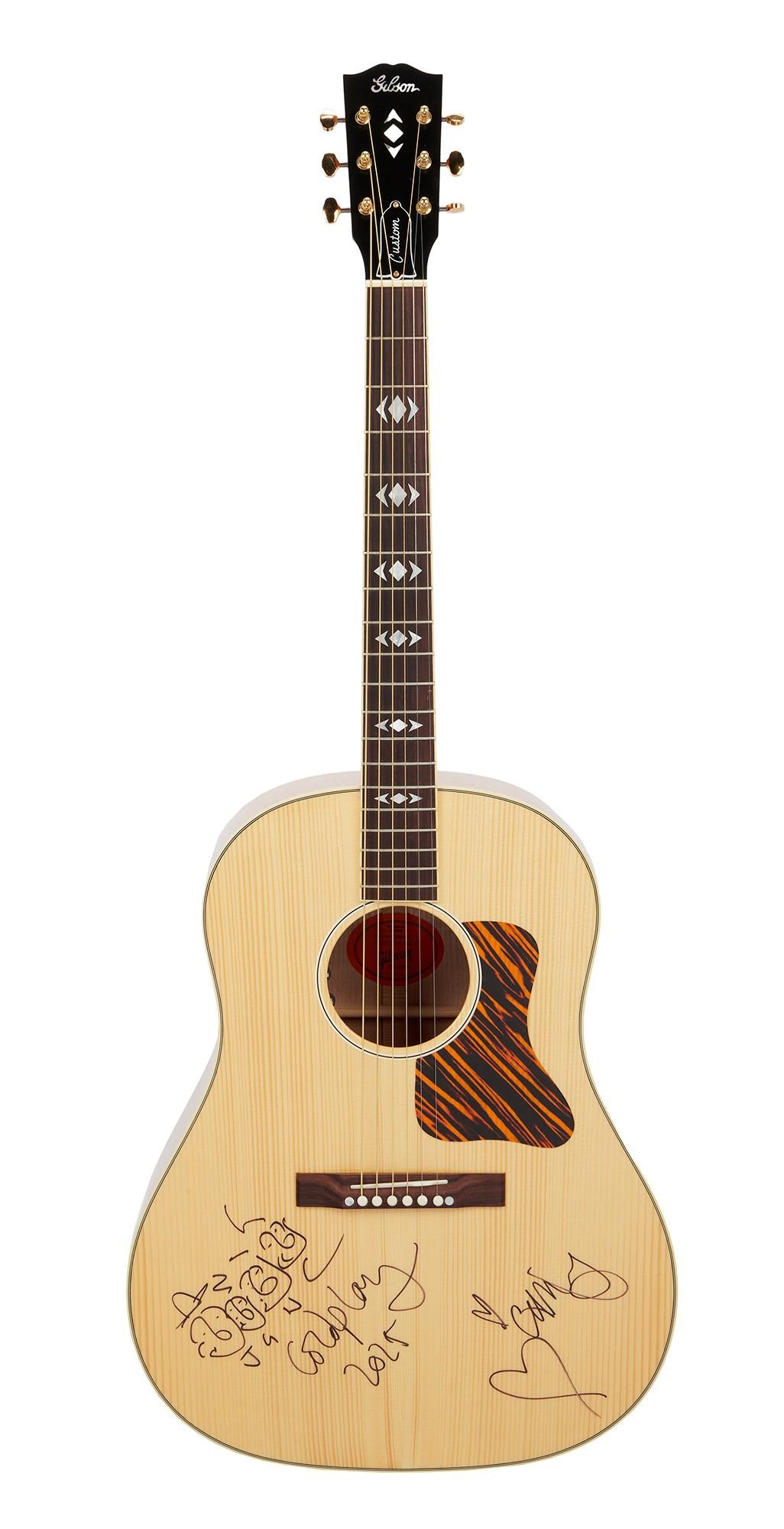 Role Model | Signed Fender Acoustic Guitar, Natural Light wood acoustic guitar signed by Coldplay, with a striped pickguard.