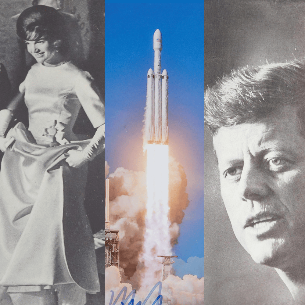 a black and white photo of a woman a rocket and a man