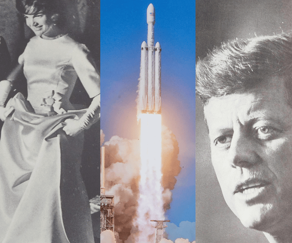 a black and white photo of a woman a rocket and a man