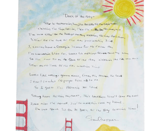 "Sittin' On The Dock Of The Bay" Steve Cropper Handwritten Lyrics With Original Water Color Illustration