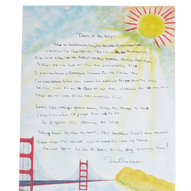 "Sittin' On The Dock Of The Bay" Steve Cropper Handwritten Lyrics With Original Water Color Illustration