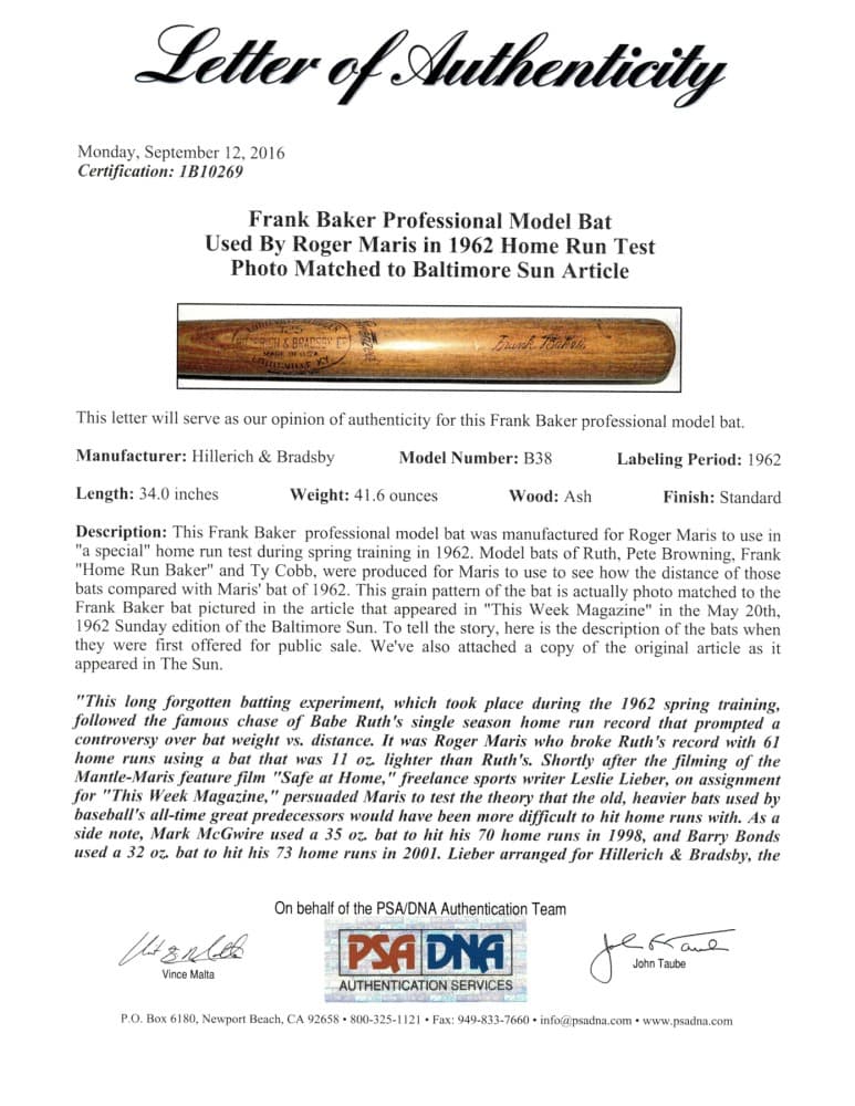Roger Maris | Photo-Matched 1962 Record Defending Home Run Baseball Bat (PSA)